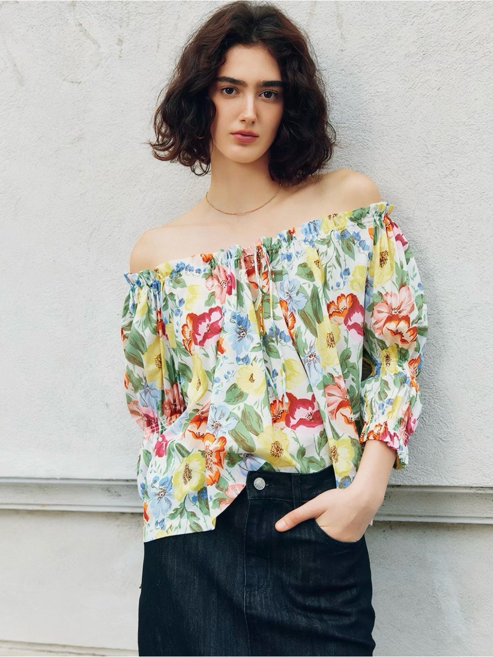 Doen Floral Puff-Sleeve Peasant Top in Multi Yellow and Pink Size S New with tag